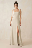 Square Neck Sheath Chiffon Bridesmaid Dress with Bow in Champagne - SHE IS ME Bridesmaid Dresses