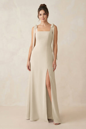 Square Neck Sheath Chiffon Bridesmaid Dress with Bow in Champagne - SHE IS ME Bridesmaid Dresses