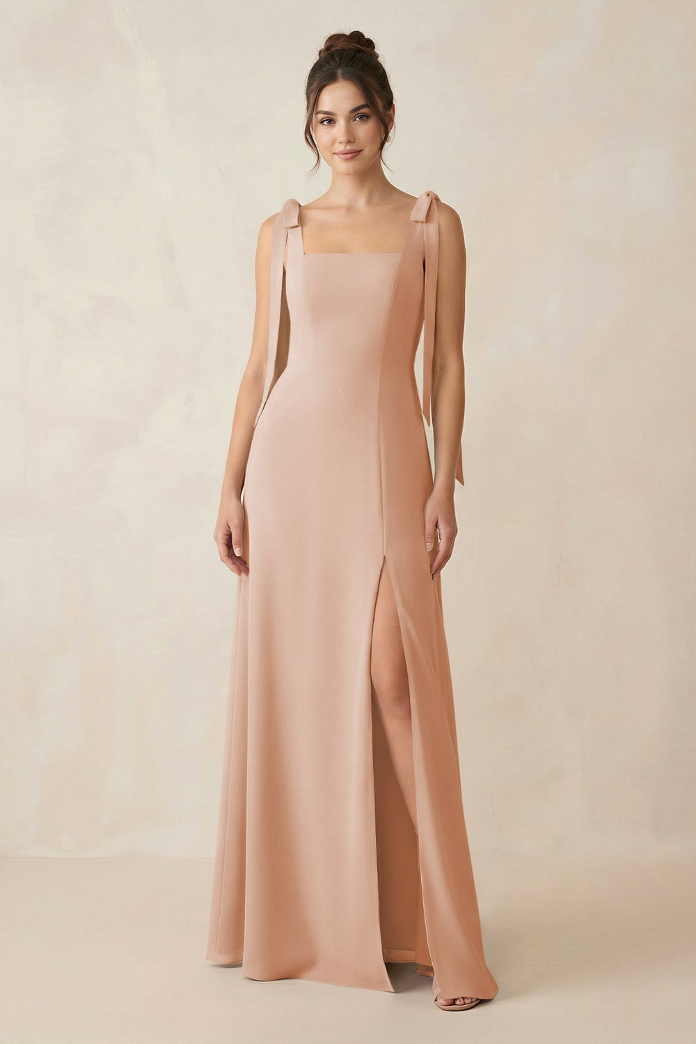 Square Neck Sheath Chiffon Bridesmaid Dress with Bow in Champagne Rose - KISS BRIDAL Bridesmaid Dresses