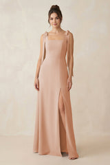 Square Neck Sheath Chiffon Bridesmaid Dress with Bow in Champagne Rose - KISS BRIDAL Bridesmaid Dresses
