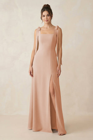 Square Neck Sheath Chiffon Bridesmaid Dress with Bow in Champagne Rose - SHE IS ME Bridesmaid Dresses