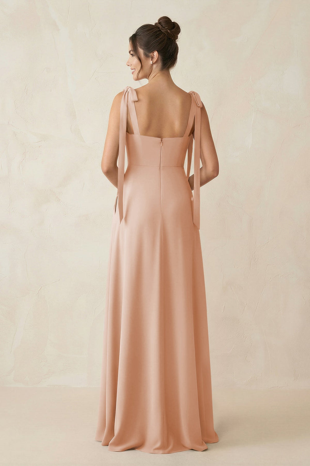 Square Neck Sheath Chiffon Bridesmaid Dress with Bow in Champagne Rose - KISS BRIDAL Bridesmaid Dresses