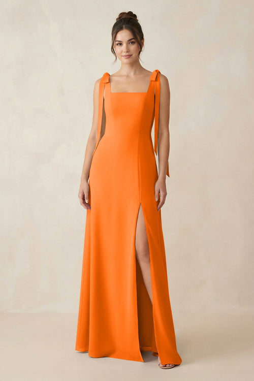 Square Neck Sheath Chiffon Bridesmaid Dress with Bow in Cinnamon - SHE IS ME Bridesmaid Dresses
