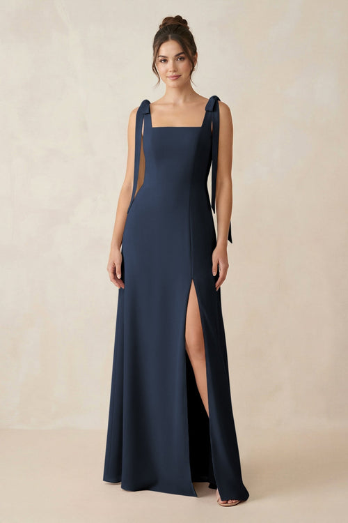 Square Neck Sheath Chiffon Bridesmaid Dress with Bow in Dark Navy - SHE IS ME Bridesmaid Dresses