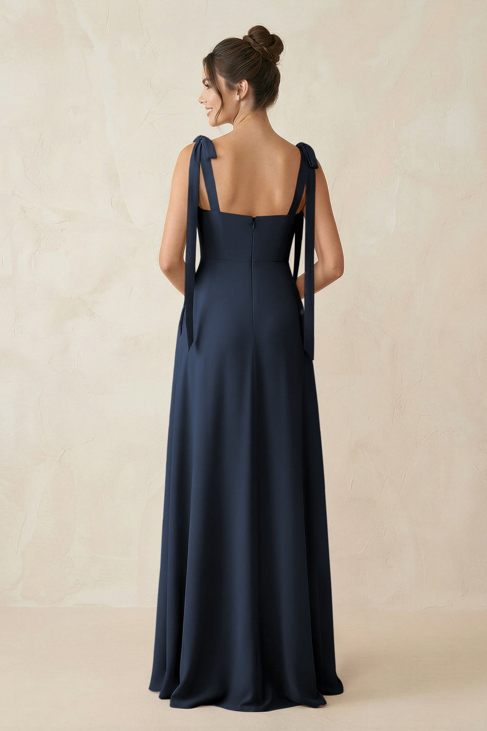 Square Neck Sheath Chiffon Bridesmaid Dress with Bow in Dark Navy - KISS BRIDAL Bridesmaid Dresses