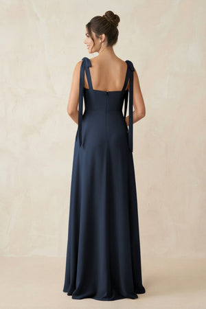 Square Neck Sheath Chiffon Bridesmaid Dress with Bow in Dark Navy - SHE IS ME Bridesmaid Dresses