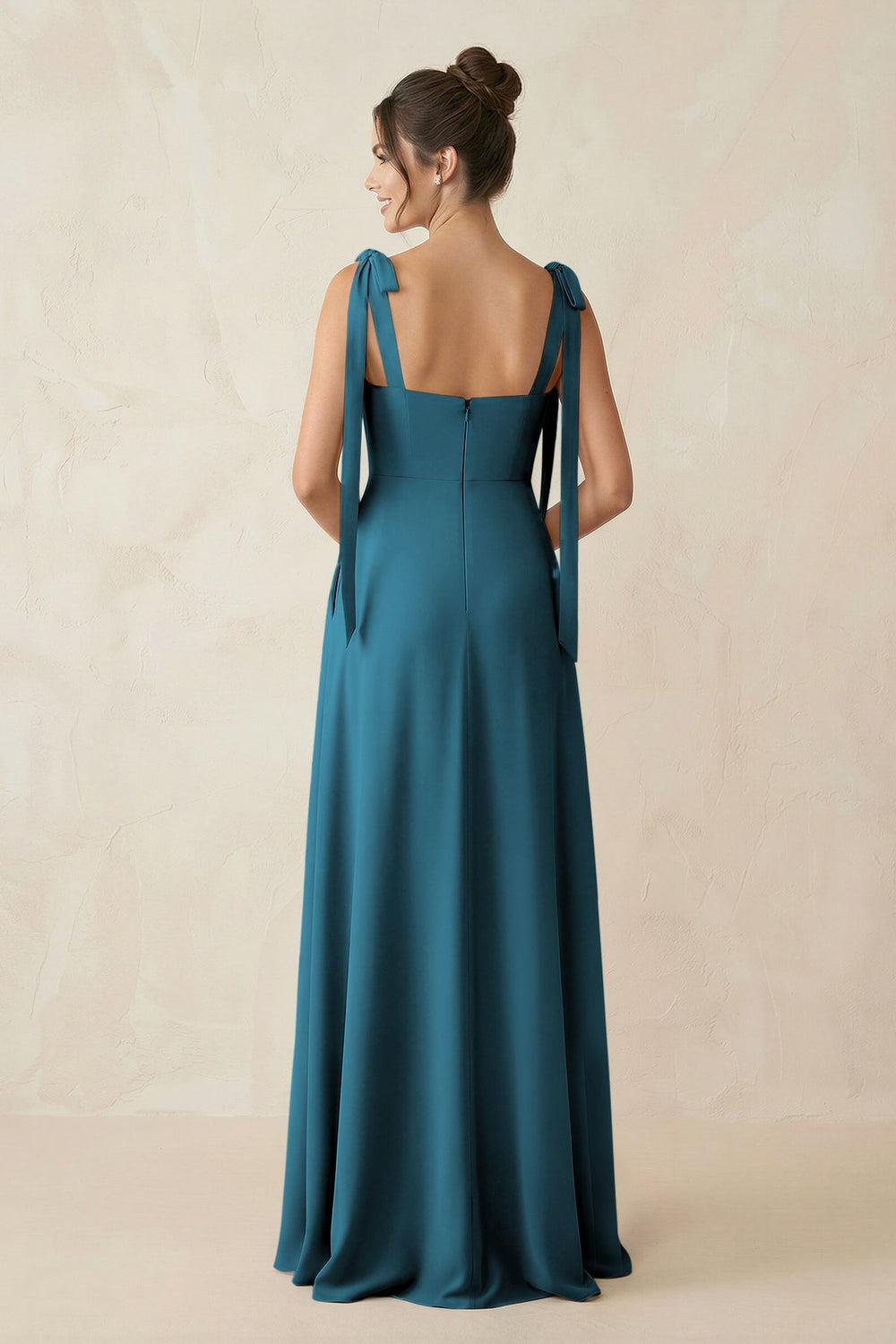 Square Neck Sheath Chiffon Bridesmaid Dress with Bow in Dark Teal - KISS BRIDAL Bridesmaid Dresses