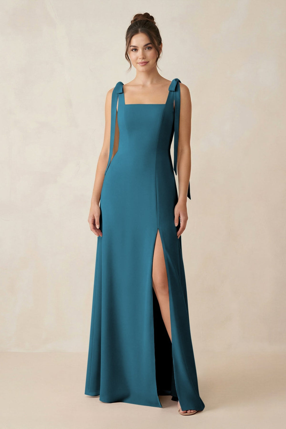 Square Neck Sheath Chiffon Bridesmaid Dress with Bow in Dark Teal - KISS BRIDAL Bridesmaid Dresses