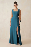 Square Neck Sheath Chiffon Bridesmaid Dress with Bow in Dark Teal - SHE IS ME Bridesmaid Dresses