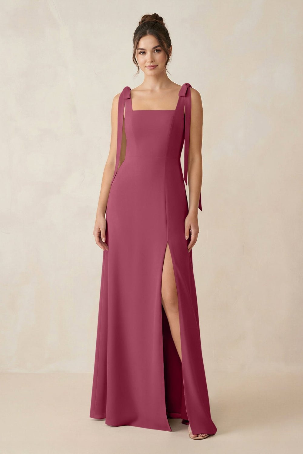 Square Neck Sheath Chiffon Bridesmaid Dress with Bow in Desert Rose - KISS BRIDAL Bridesmaid Dresses