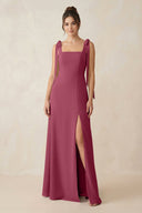 Square Neck Sheath Chiffon Bridesmaid Dress with Bow in Desert Rose - SHE IS ME Bridesmaid Dresses