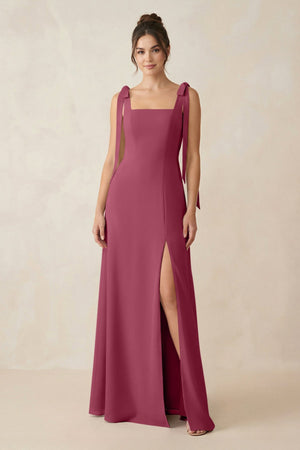 Square Neck Sheath Chiffon Bridesmaid Dress with Bow in Desert Rose - SHE IS ME Bridesmaid Dresses