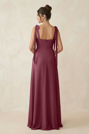 Square Neck Sheath Chiffon Bridesmaid Dress with Bow in Desert Rose (2) | KISSBRIDAL