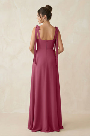 Square Neck Sheath Chiffon Bridesmaid Dress with Bow in Desert Rose - SHE IS ME Bridesmaid Dresses