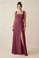 Square Neck Sheath Chiffon Bridesmaid Dress with Bow in Desert Rose | KISSBRIDAL