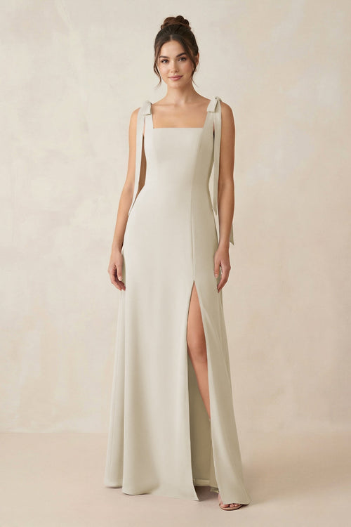 Square Neck Sheath Chiffon Bridesmaid Dress with Bow in Dove Gray - SHE IS ME Bridesmaid Dresses