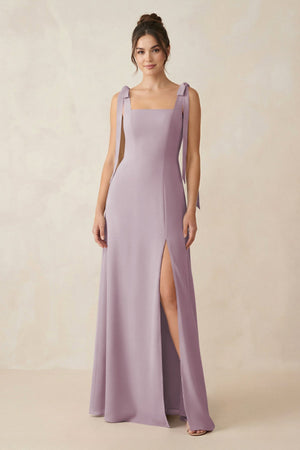 Square Neck Sheath Chiffon Bridesmaid Dress with Bow in Dusk - SHE IS ME Bridesmaid Dresses