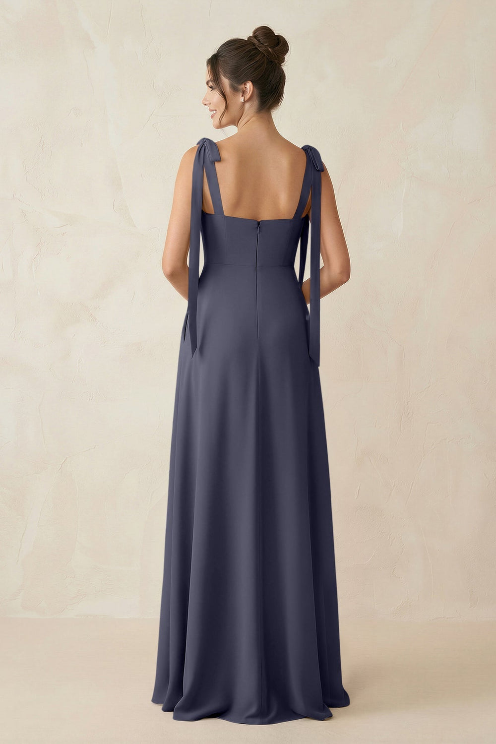 Square Neck Sheath Chiffon Bridesmaid Dress with Bow in Dusk Blue - KISS BRIDAL Bridesmaid Dresses
