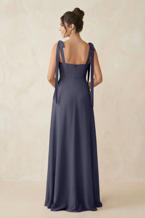 Square Neck Sheath Chiffon Bridesmaid Dress with Bow in Dusk Blue - SHE IS ME Bridesmaid Dresses