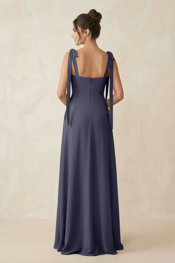Square Neck Sheath Chiffon Bridesmaid Dress with Bow in Dusk Blue - SHE IS ME Bridesmaid Dresses