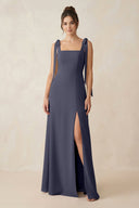 Square Neck Sheath Chiffon Bridesmaid Dress with Bow in Dusk Blue - SHE IS ME Bridesmaid Dresses