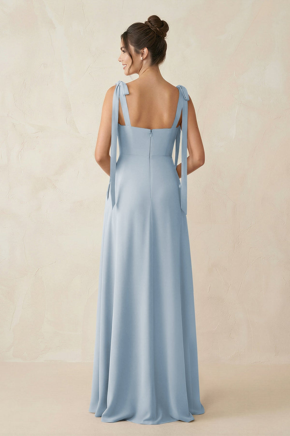 Square Neck Sheath Chiffon Bridesmaid Dress with Bow in Dusty Blue - KISS BRIDAL Bridesmaid Dresses