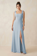 Square Neck Sheath Chiffon Bridesmaid Dress with Bow in Dusty Blue - SHE IS ME Bridesmaid Dresses