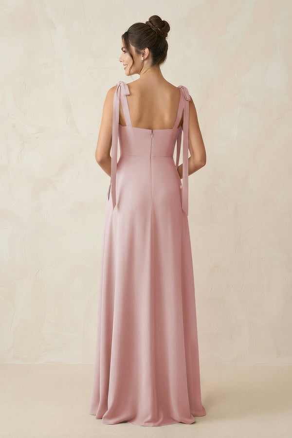 Square Neck Sheath Chiffon Bridesmaid Dress with Bow in Dusty Rose - SHE IS ME Bridesmaid Dresses