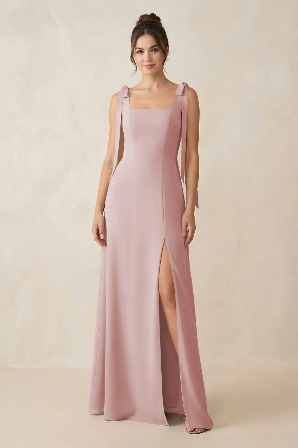 Square Neck Sheath Chiffon Bridesmaid Dress with Bow in Dusty Rose - KISS BRIDAL Bridesmaid Dresses