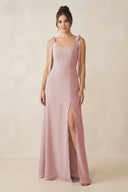 Square Neck Sheath Chiffon Bridesmaid Dress with Bow in Dusty Rose - SHE IS ME Bridesmaid Dresses