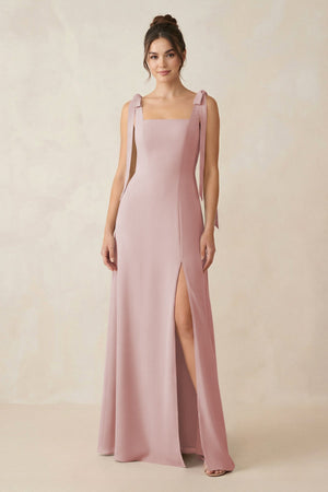 Square Neck Sheath Chiffon Bridesmaid Dress with Bow in Dusty Rose - SHE IS ME Bridesmaid Dresses