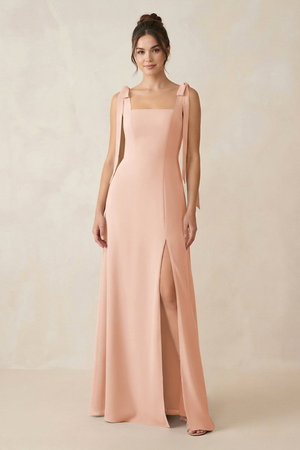 Square Neck Sheath Chiffon Bridesmaid Dress with Bow in English Rose - KISS BRIDAL Bridesmaid Dresses