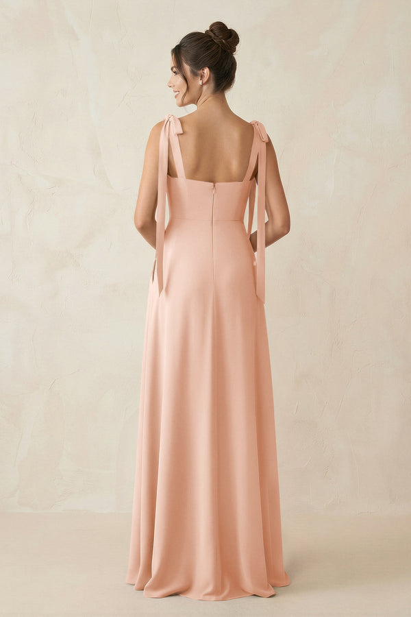 Square Neck Sheath Chiffon Bridesmaid Dress with Bow in English Rose - SHE IS ME Bridesmaid Dresses