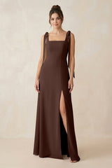 Square Neck Sheath Chiffon Bridesmaid Dress with Bow in Espresso - KISS BRIDAL Bridesmaid Dresses