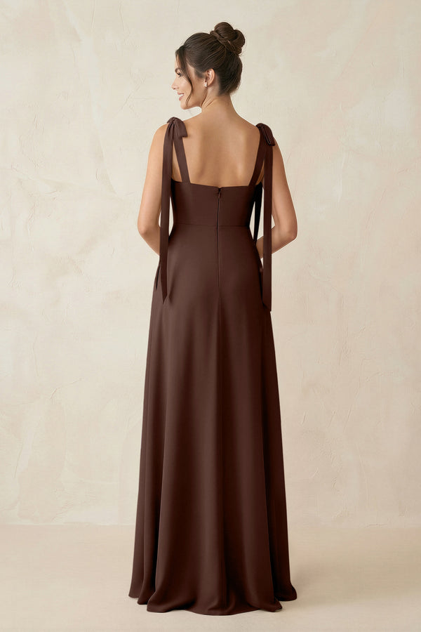 Square Neck Sheath Chiffon Bridesmaid Dress with Bow in Espresso - SHE IS ME Bridesmaid Dresses
