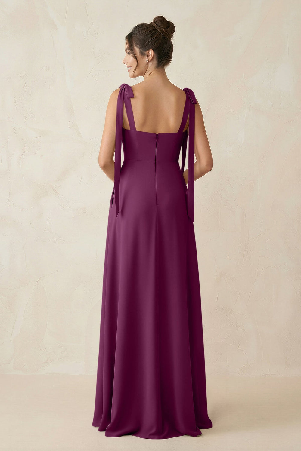 Square Neck Sheath Chiffon Bridesmaid Dress with Bow in Fig - KISS BRIDAL Bridesmaid Dresses