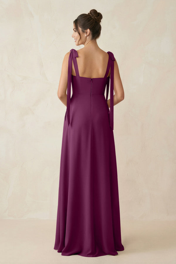 Square Neck Sheath Chiffon Bridesmaid Dress with Bow in Fig - SHE IS ME Bridesmaid Dresses