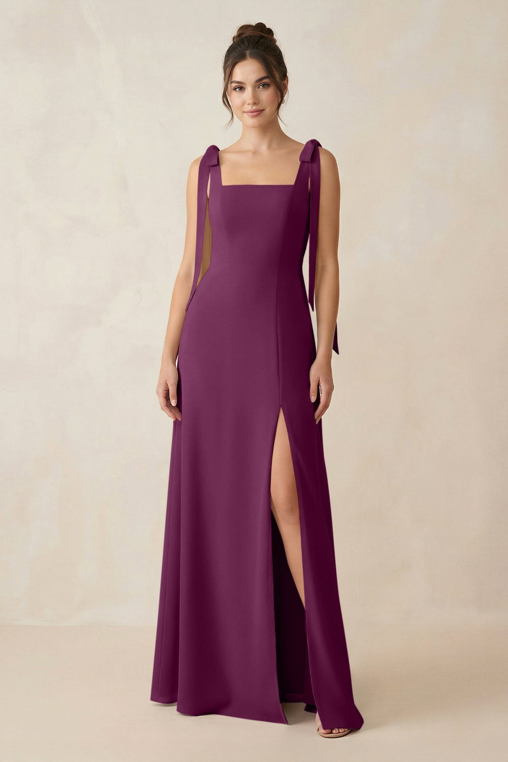 Square Neck Sheath Chiffon Bridesmaid Dress with Bow in Fig - KISS BRIDAL Bridesmaid Dresses