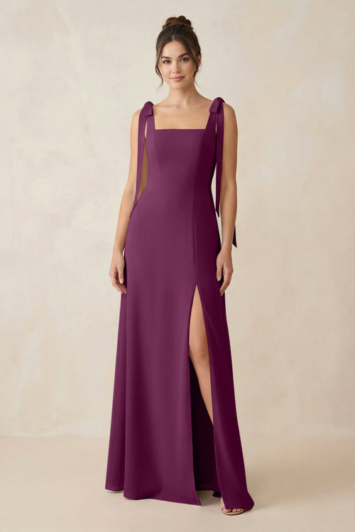 Square Neck Sheath Chiffon Bridesmaid Dress with Bow in Fig - SHE IS ME Bridesmaid Dresses