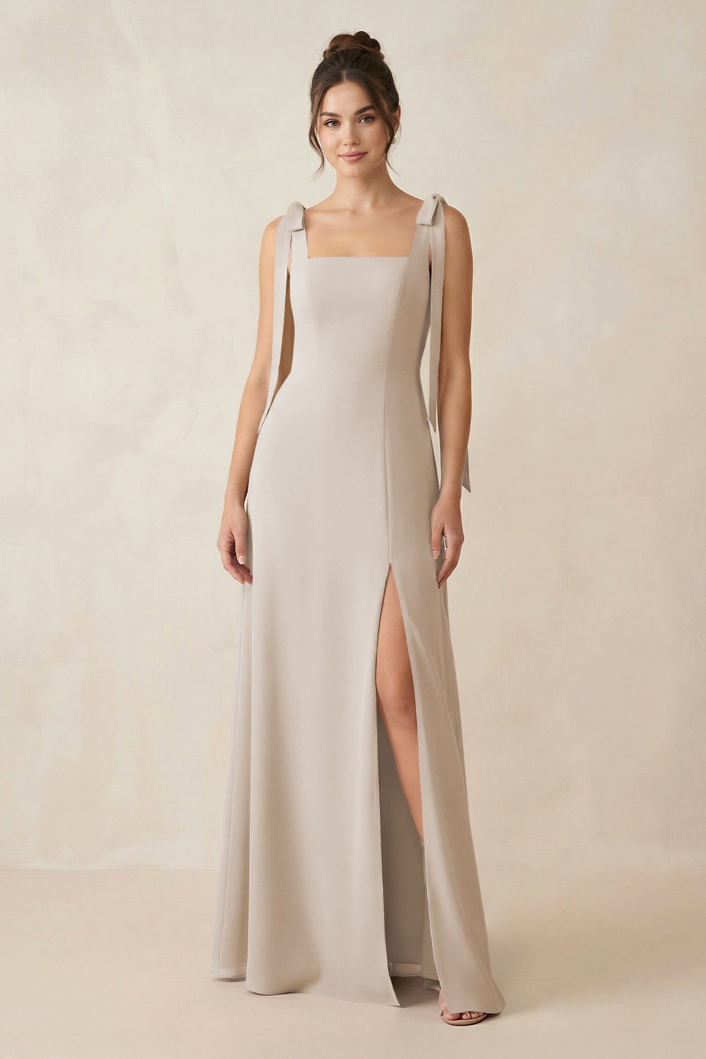 Square Neck Sheath Chiffon Bridesmaid Dress with Bow in Frost - KISS BRIDAL Bridesmaid Dresses