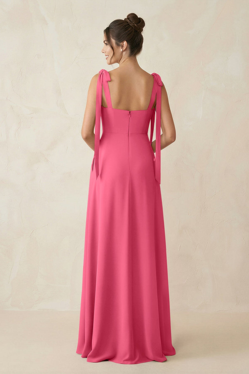 Square Neck Sheath Chiffon Bridesmaid Dress with Bow in Fuchsia - KISS BRIDAL Bridesmaid Dresses