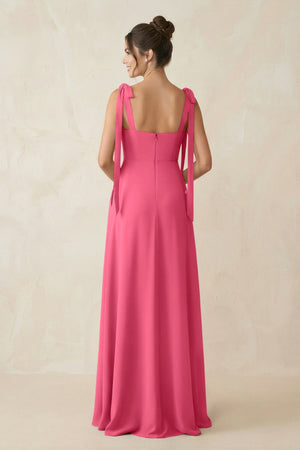 Square Neck Sheath Chiffon Bridesmaid Dress with Bow in Fuchsia - SHE IS ME Bridesmaid Dresses