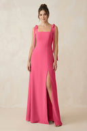 Square Neck Sheath Chiffon Bridesmaid Dress with Bow in Fuchsia - SHE IS ME Bridesmaid Dresses