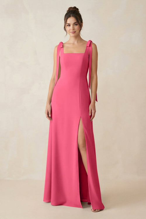 Square Neck Sheath Chiffon Bridesmaid Dress with Bow in Fuchsia - SHE IS ME Bridesmaid Dresses