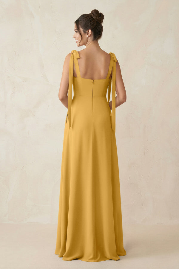 Square Neck Sheath Chiffon Bridesmaid Dress with Bow in Marigold - SHE IS ME Bridesmaid Dresses