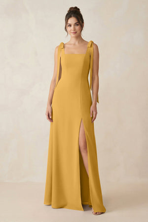 Square Neck Sheath Chiffon Bridesmaid Dress with Bow in Marigold - SHE IS ME Bridesmaid Dresses