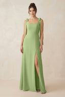 Square Neck Sheath Chiffon Bridesmaid Dress with Bow in Matcha - SHE IS ME Bridesmaid Dresses
