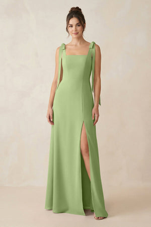 Square Neck Sheath Chiffon Bridesmaid Dress with Bow in Matcha - SHE IS ME Bridesmaid Dresses