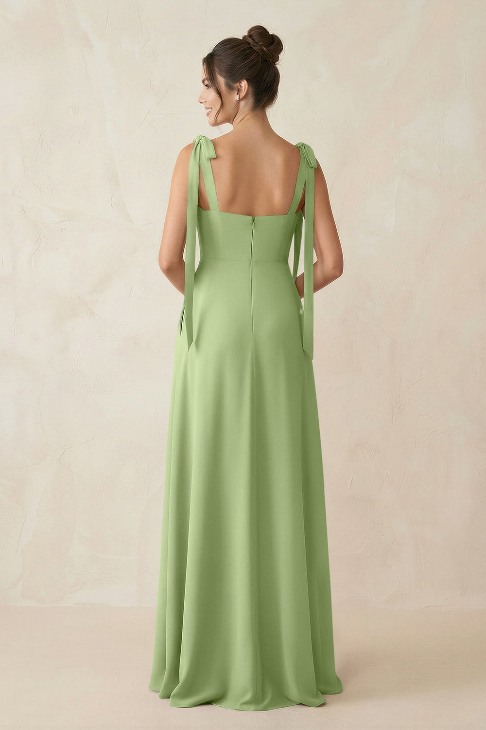 Square Neck Sheath Chiffon Bridesmaid Dress with Bow in Matcha - KISS BRIDAL Bridesmaid Dresses