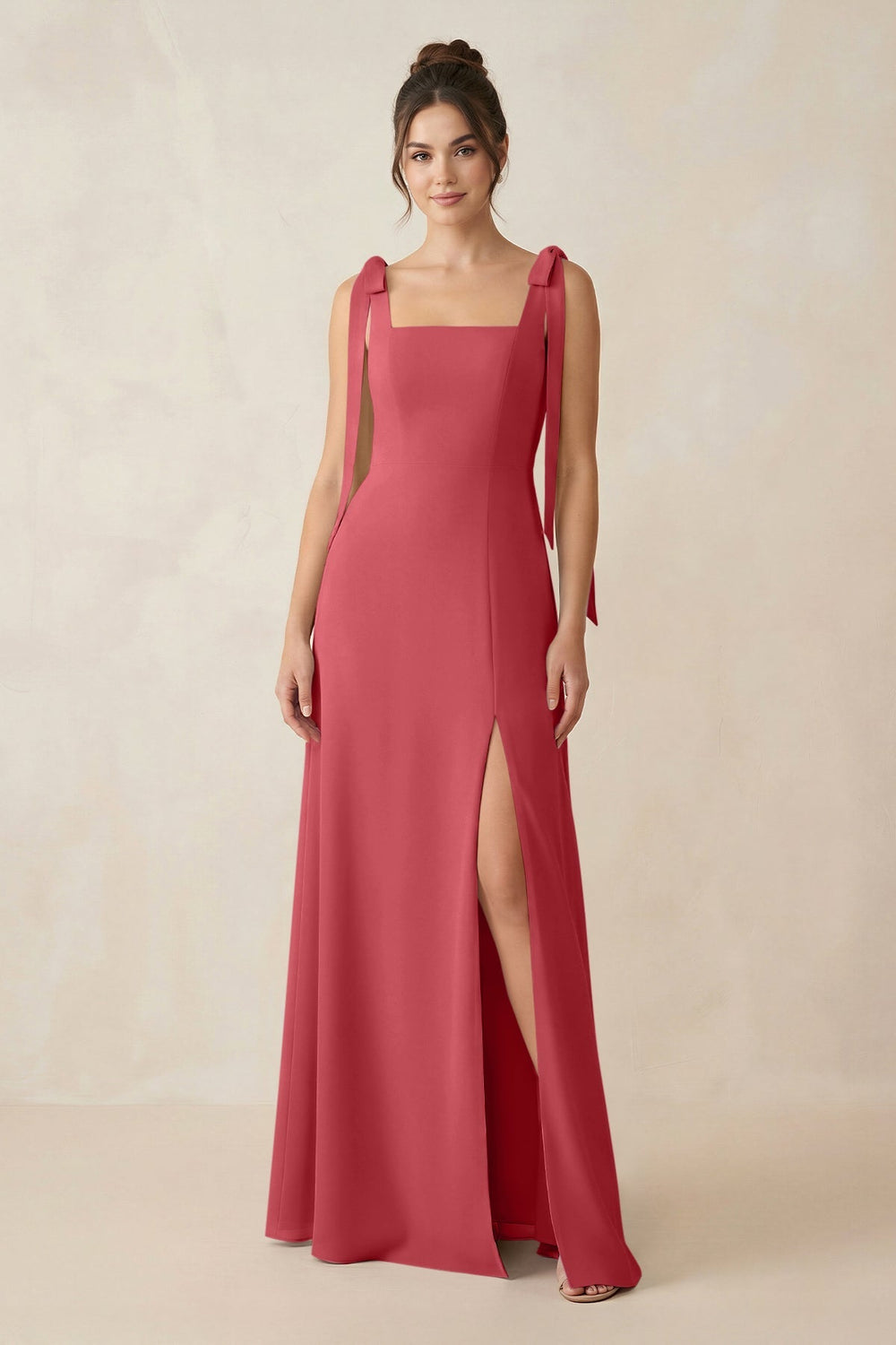 Square Neck Sheath Chiffon Bridesmaid Dress with Bow in Merlot - KISS BRIDAL Bridesmaid Dresses